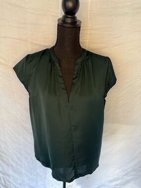 H&M Dark Green Split-V Cap-Sleeve Satin Blouse